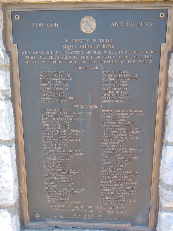 Scott County World War I & World War II Veterans Memorial. Click for full size. Scott County World War I & World War II Veterans Memorial image. Click for full size.