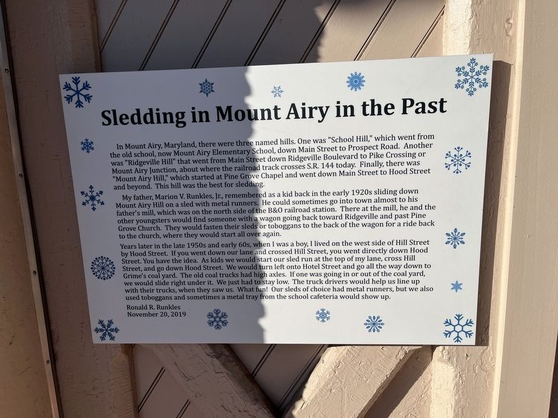 Sledding in Mount Airy in the Past Marker. Click for full size. Sledding in Mount Airy in the Past Marker image. Click for full size.