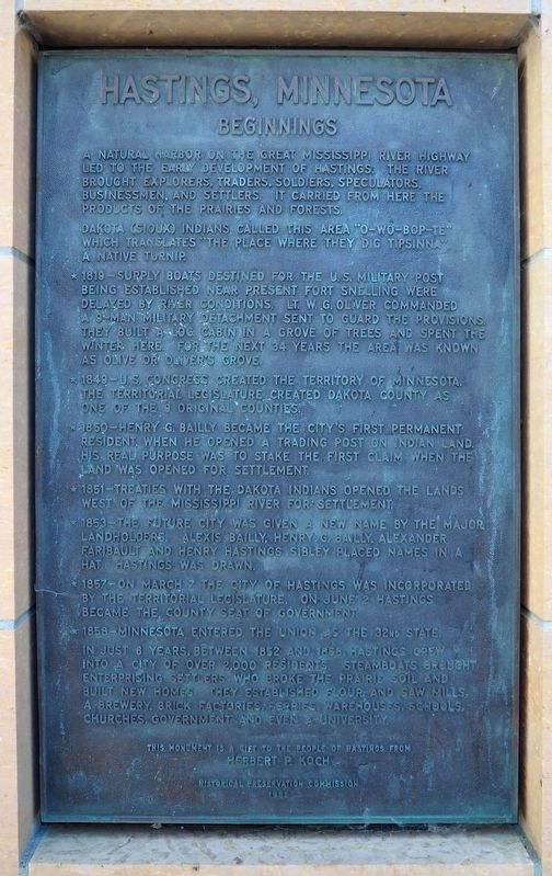 Hastings, Minnesota Beginnings Marker image. Click for full size.
