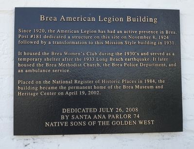Brea American Legion Building Marker image. Click for full size.
