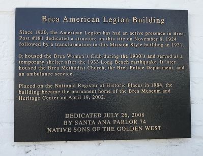 Brea American Legion Building Marker. Click for full size. Brea American Legion Building Marker image. Click for full size.