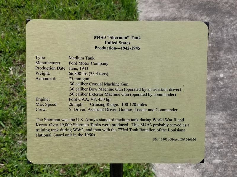 M4A3 "Sherman" Tank Marker image. Click for full size.
