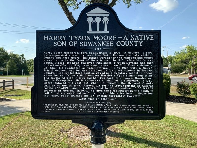 Harry Tyson Moore ~ A Native Son of Suwannee County Marker Side 1 image. Click for full size.