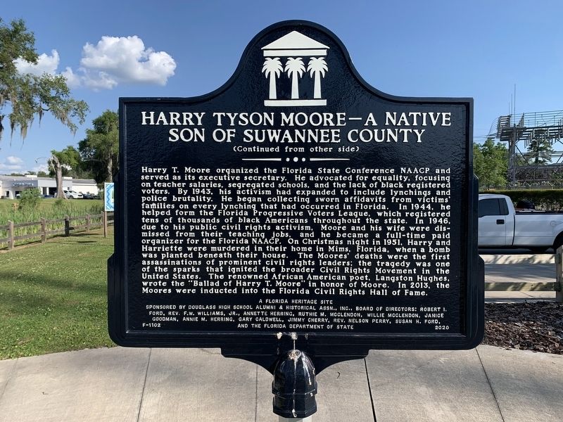 Harry Tyson Moore ~ A Native Son of Suwannee County Marker Side 2 image. Click for full size.