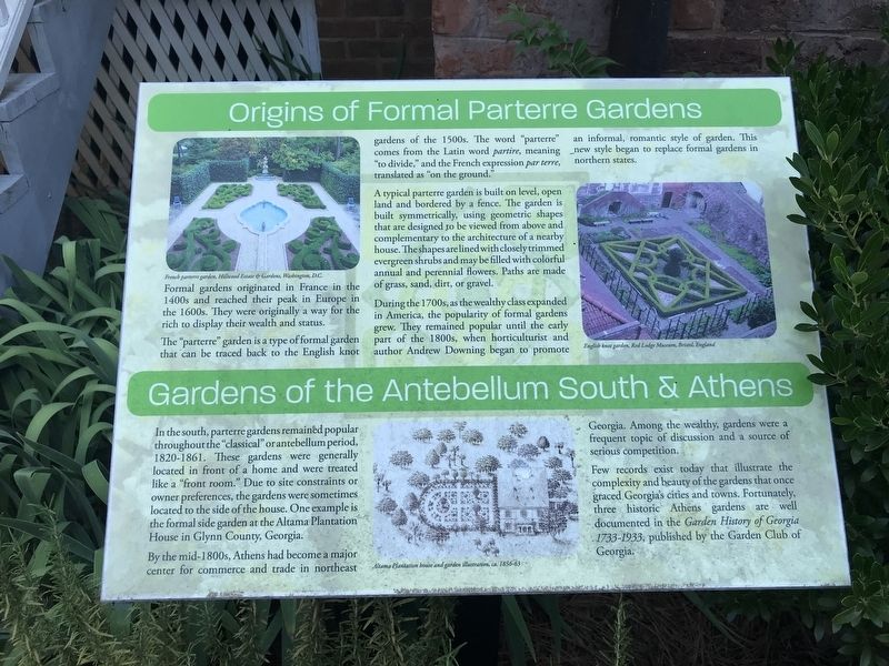 Origins of Formal Parterre Gardens/Gardens of the Antebellum South & Athens Marker image. Click for full size.
