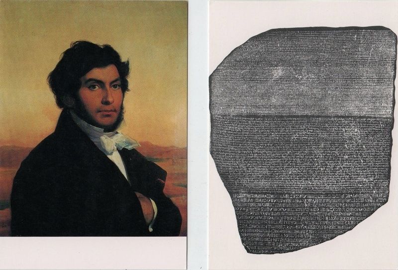 Jean-Franois Champollion portrait by Cogniet / photograph of the Rosetta Stone image. Click for full size.