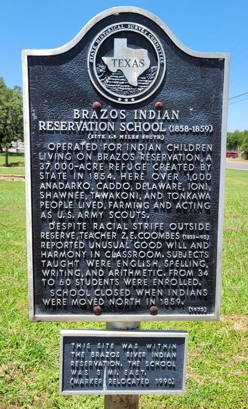 Brazos Indian Reservation School (1858-1859) Marker. Click for full size. Brazos Indian Reservation School (1858-1859) Marker image. Click for full size.