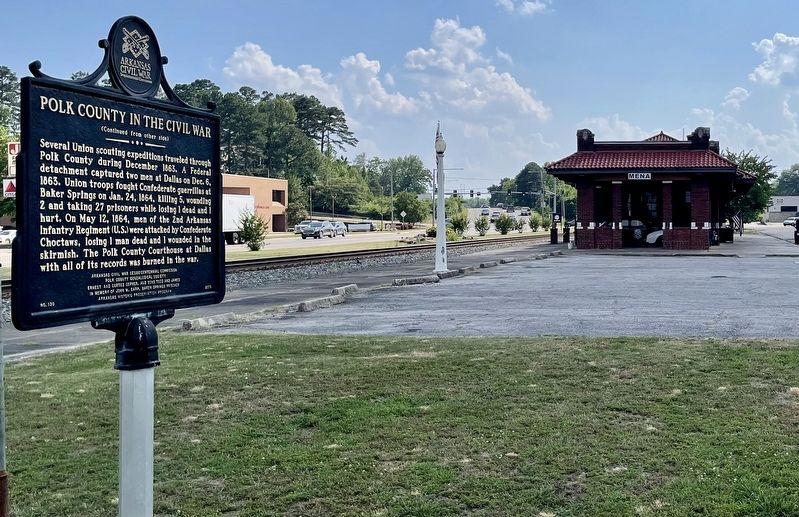 View of marker towards old Mena train depot. image. Click for full size.