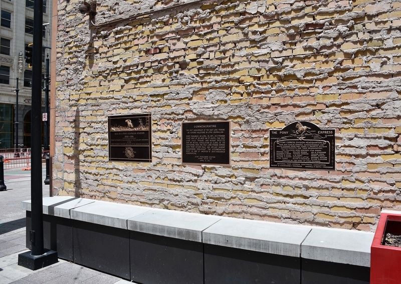 The two Pony Express markers with a Salt Lake Tribune marker in between. image. Click for full size.