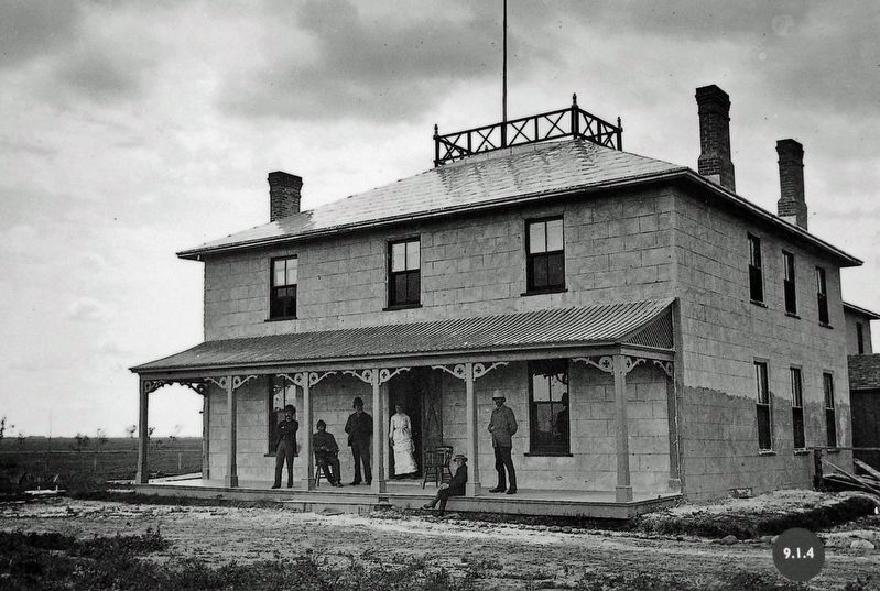 Marker detail: The Bell Farm house verandah in 1884, with Major Bell standing at the right. image. Click for full size.