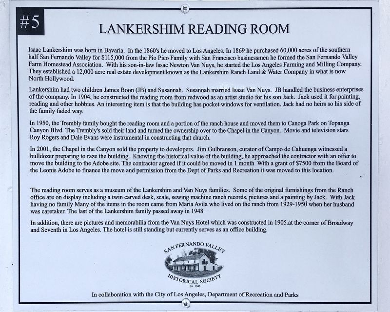 Lankershim Reading Room Marker image. Click for full size.