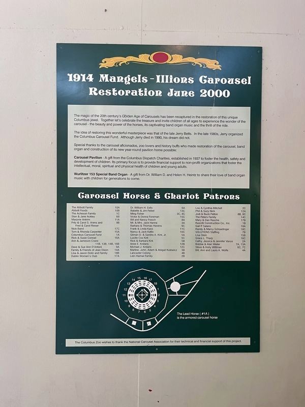 A dedication plaque inside the building with the carousel image. Click for full size.