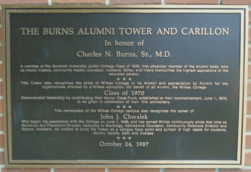 The Burns Alumni Tower and Carillon Marker image. Click for full size.