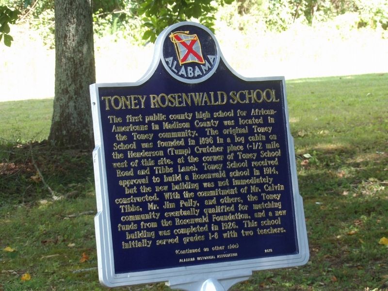 Toney Rosenwald School Marker (side A). Click for full size. Toney Rosenwald School Marker (side A) image. Click for full size.