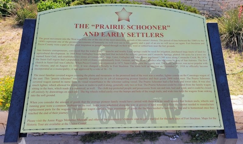 The "Prairie Schooner" and Early Settlers Marker. Click for full size. The "Prairie Schooner" and Early Settlers Marker image. Click for full size.