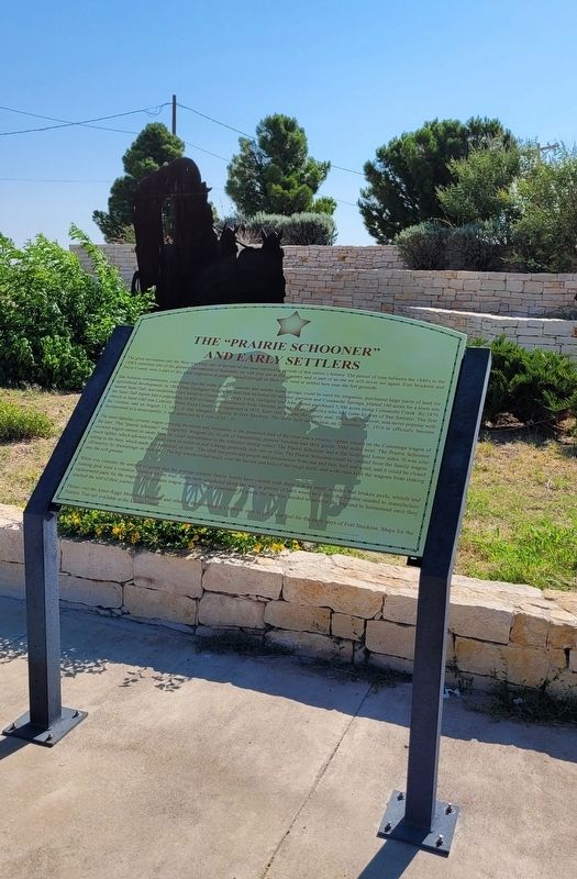 The "Prairie Schooner" and Early Settlers Marker. Click for full size. The "Prairie Schooner" and Early Settlers Marker image. Click for full size.