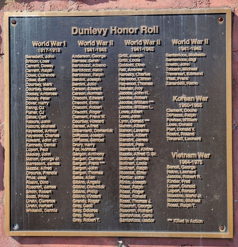 Dunlevy Honor Roll Marker image. Click for full size.