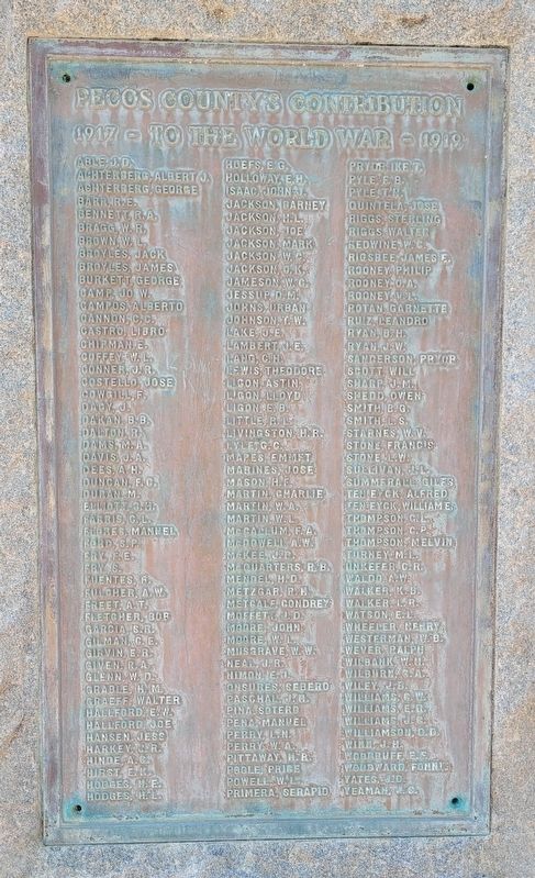 Pecos County's Contribution 1917 - to the World War - 1919 Marker. Click for full size. Pecos County's Contribution 1917 - to the World War - 1919 Marker image. Click for full size.