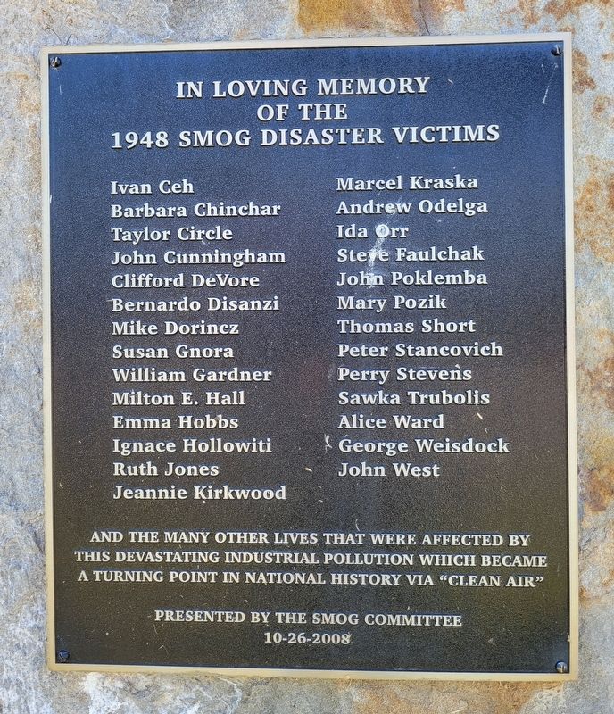 In Loving Memory of the 1948 Smog Disaster Victims Marker image. Click for full size.