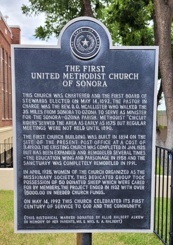 The First United Methodist Church of Sonora Marker. Click for full size. The First United Methodist Church of Sonora Marker image. Click for full size.