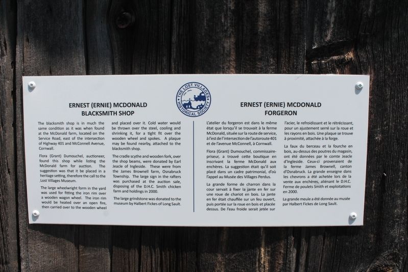 Ernest (Ernie) McDonald Blacksmith Shop Marker. Click for full size. Ernest (Ernie) McDonald Blacksmith Shop Marker image. Click for full size.