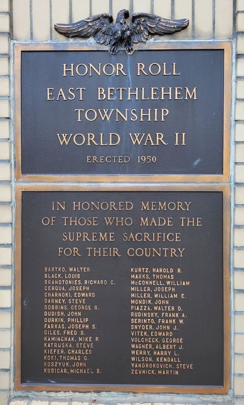 Honor Roll East Bethlehem Township World War II Marker. Click for full size. Honor Roll East Bethlehem Township World War II Marker image. Click for full size.