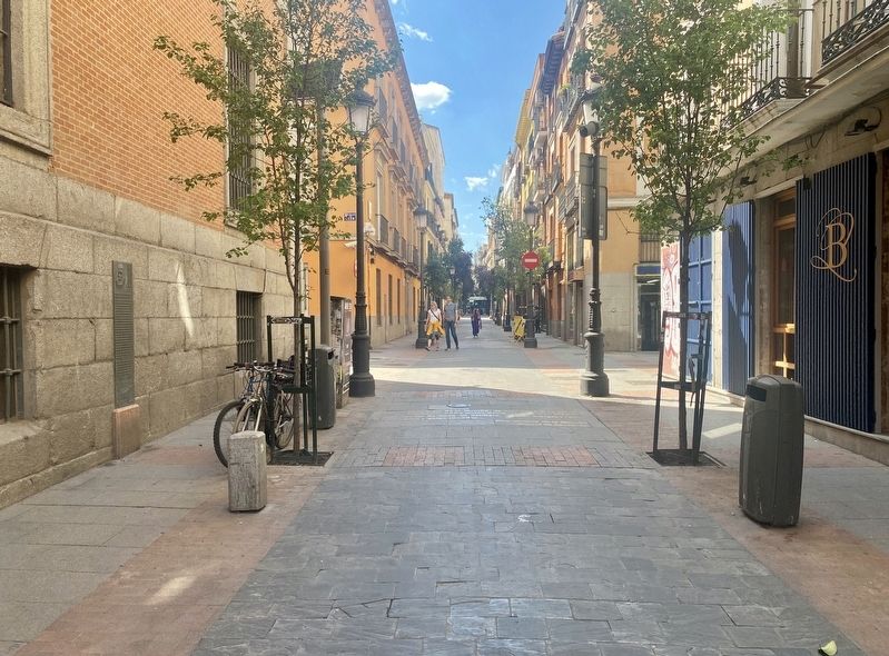 Miguel de Cervantes Saavedra Marker - wide view, looking west on Calle de las Huertas. Click for full size. Miguel de Cervantes Saavedra Marker - wide view, looking west on Calle de las Huertas image. Click for full size.