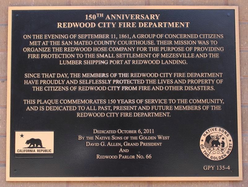 Redwood City Fire Department Marker. Click for full size. Redwood City Fire Department Marker image. Click for full size.