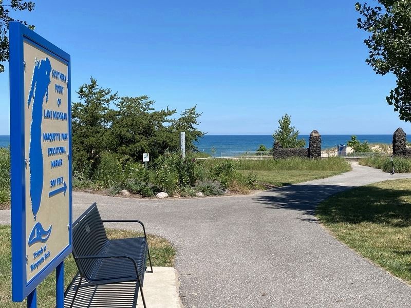 Street View of Directional Sign, Historic Stone Pillars, and Southern Point of Lake Michigan Marker image. Click for full size.