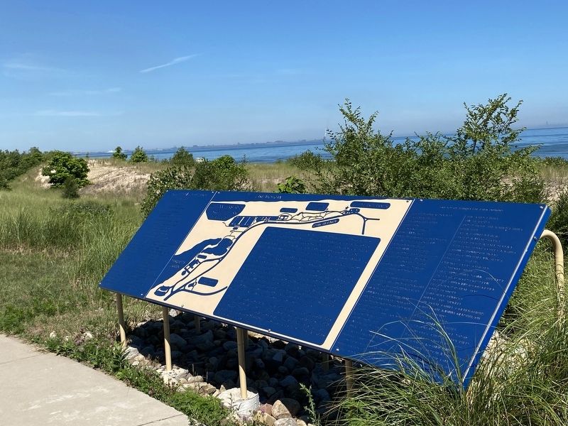 Marker with view of sand dunes and Lake Michigan image. Click for full size.