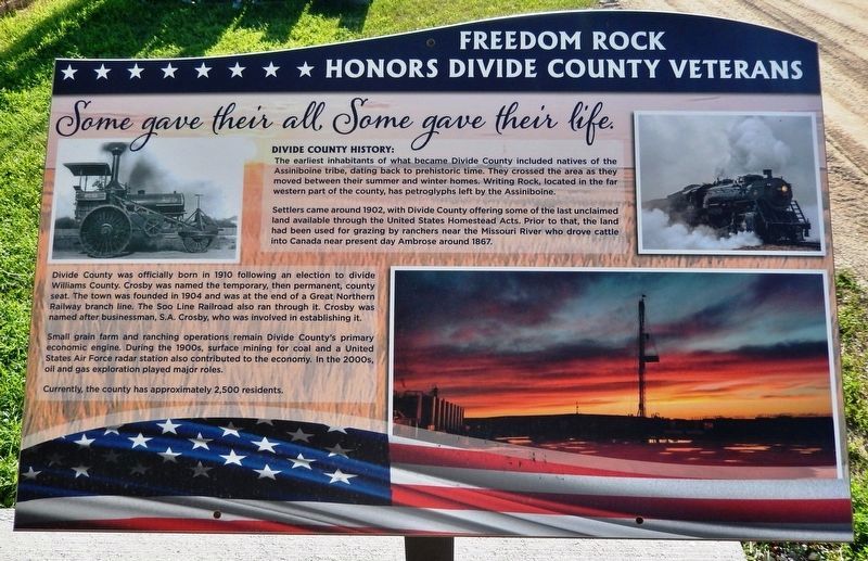 Freedom Rock Honors Divide County Veterans<br>(<i>Crosby Freedom Rock Interpretive Panel 1</i>) image. Click for full size.