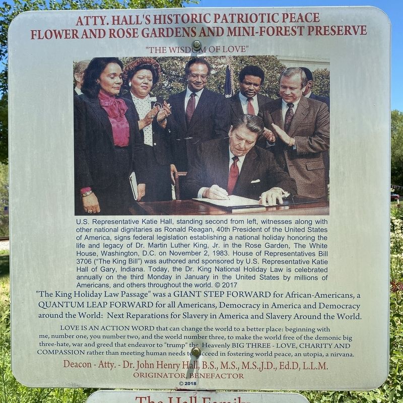 Atty. Hall's Historic Patriotic Peace Flower and Rose Gardens and Mini-Forest Preserve Marker image. Click for full size.