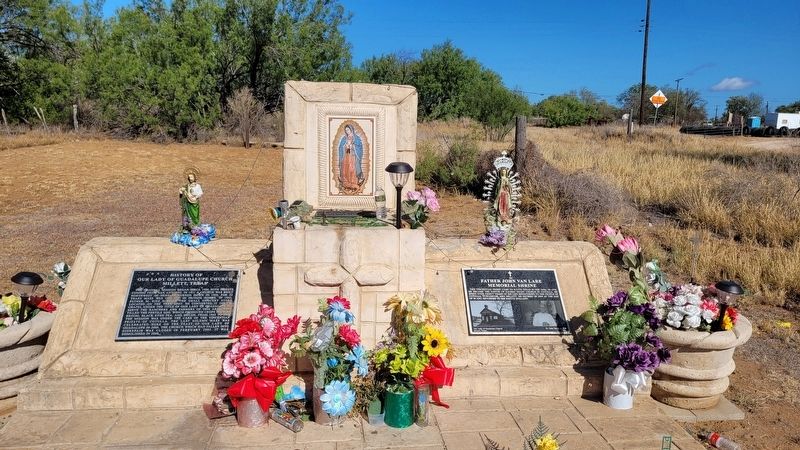 The History of Our Lady of Guadalupe Church Millett, Texas Marker is on the left of the two markers. Click for full size. The History of Our Lady of Guadalupe Church Millett, Texas Marker is on the left of the two markers image. Click for full size.
