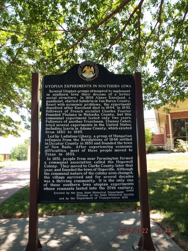 Utopian Experiments in Southern Iowa Marker Side image. Click for full size.