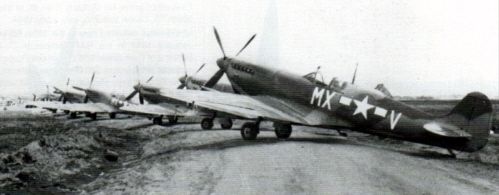 307th Fighter Squadron Spitfire VIII and IXs; Castel Volturno, Italy, March 1944 image. Click for full size.