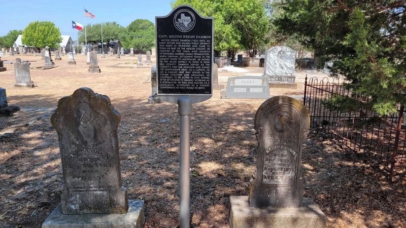 The Capt. Milton Wesley Damron gravestone and Marker with wife, Sarahs gravestone image. Click for full size.