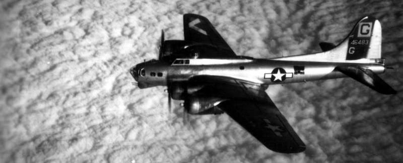 A B-17 Flying Fortress (serial number 44-6483) nicknamed "Ruby's Raiders" of the 385th Bomb Group. image. Click for full size.