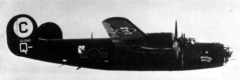 A B-24 Liberator (s/n 42-63980) nicknamed "Missouri Mauler" of the 389th Bomb Group. image. Click for full size.