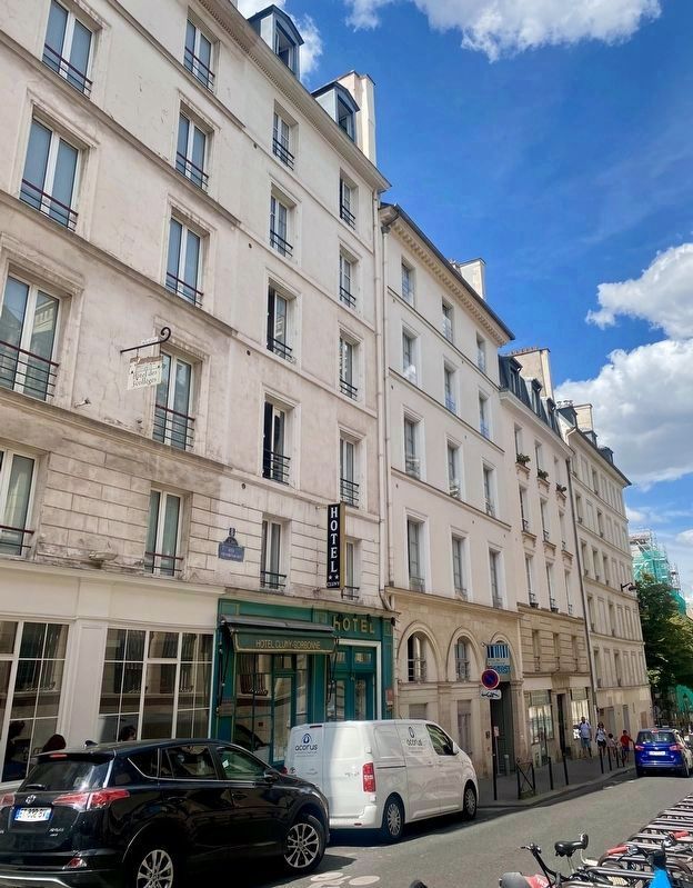 Arthur Rimbaud Marker - wider view, looking north on Rue Victor Cousin. Click for full size. Arthur Rimbaud Marker - wider view, looking north on Rue Victor Cousin image. Click for full size.