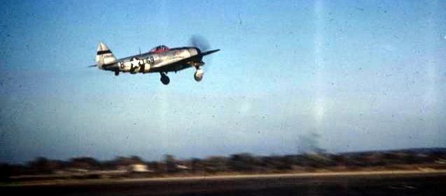 A P-47 Thunderbolt (G9-B) of the 405th Fighter Group takes off. image. Click for full size.
