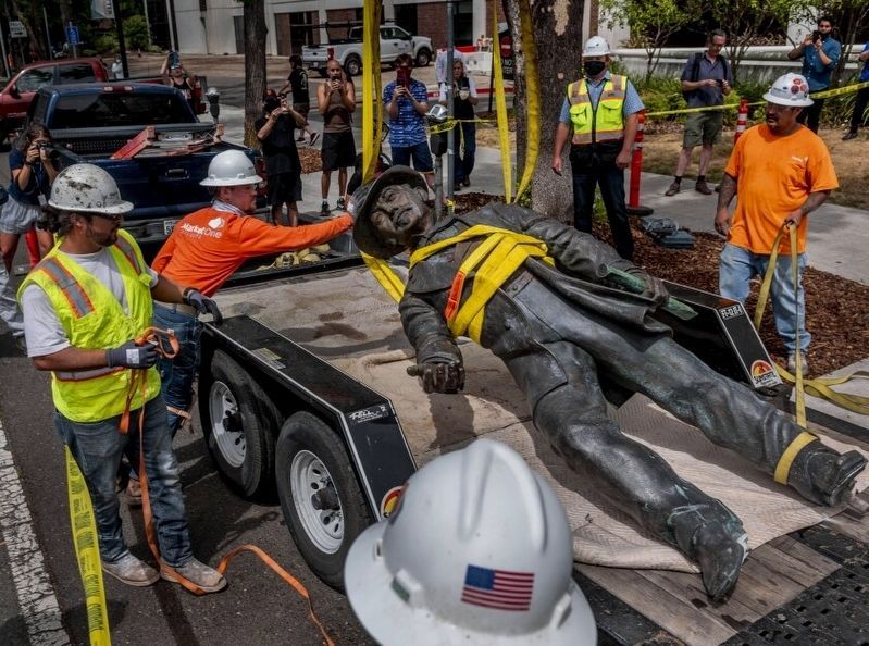 General John A. Sutter statue removed, Jun 16,2020 image. Click for full size.