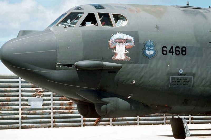 A left front view of a 320th Bombardment Wing B-52G Stratofortress aircraft known as "Eldership." image. Click for full size.