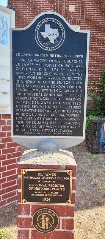 The St. James United Methodist Church Marker with National Register of Historic Places plaque image. Click for full size.