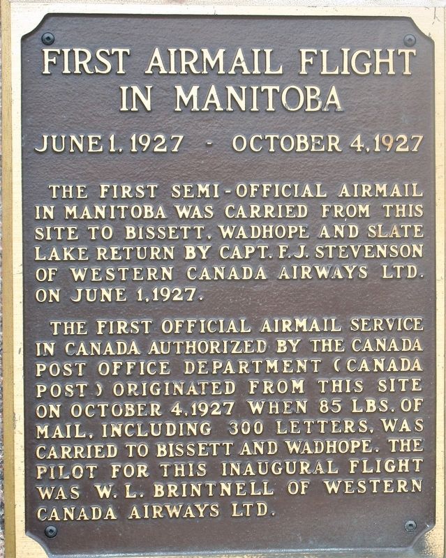 First Airmail Flight in Manitoba Marker image. Click for full size.