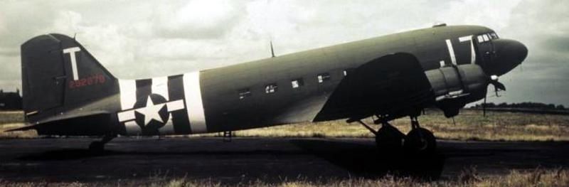A C-47 Skytrain of the 442nd Troop Carrier Group at Mount Farm, 1944. image. Click for full size.