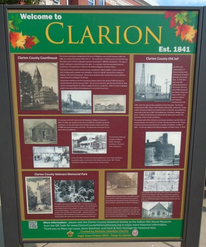 Welcome to Clarion, Est. 1841 Marker (Panel 1) image. Click for full size.