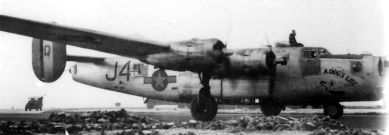 A B-24 Liberator (serial number 44-40281) nicknamed "A Dog's Life" of the 458th Bomb Group. image. Click for full size.