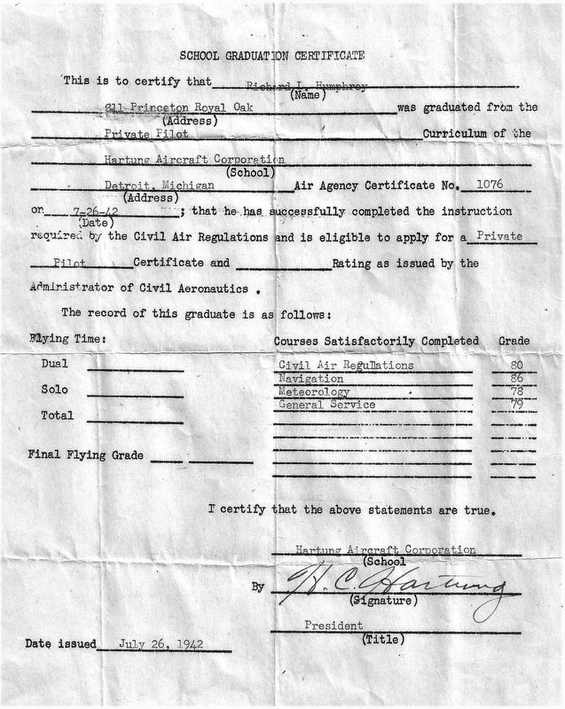 School Graduation Certificate Hartung Aircraft Corporation_Richard L Humphrey image. Click for full size.