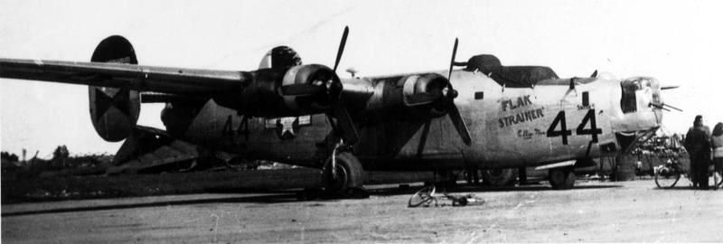 A B-24 Liberator nicknamed "Flak Strainer" of the 484th Bomb Group, 15th Air Force image. Click for full size.