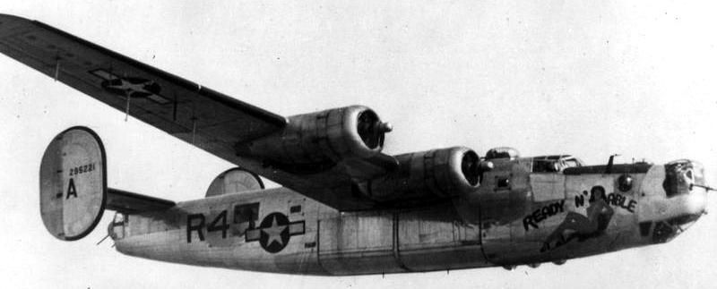 A B-24 Liberator (serial number 42-95221) nicknamed "Ready N Able" of the 492nd Bomb Group in flight image. Click for full size.